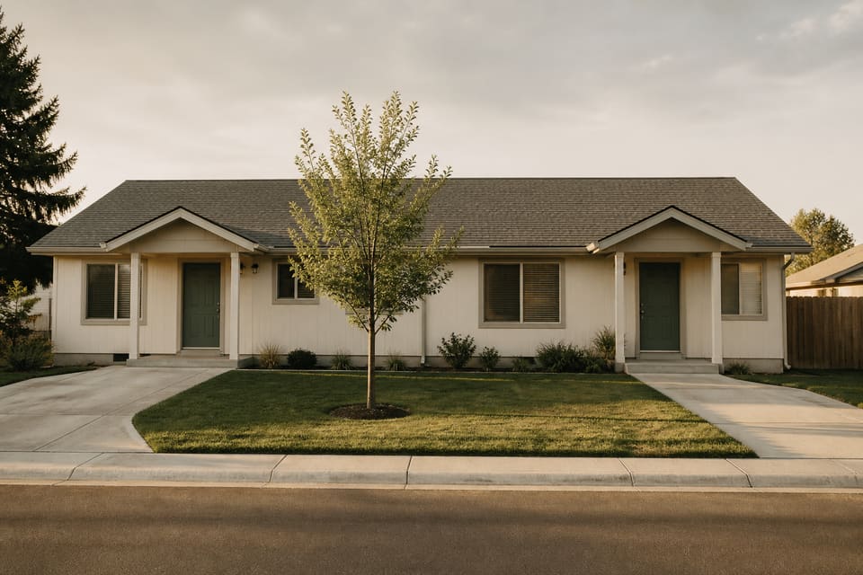 Single-family suburban rental house with a front lawn on a west Ada street. Illustrative property.